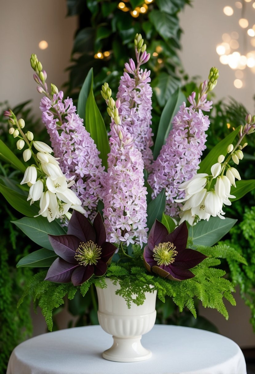 A delicate bouquet of lilac and hellebore flowers arranged in a harmonious display, with lush greenery and a soft color palette