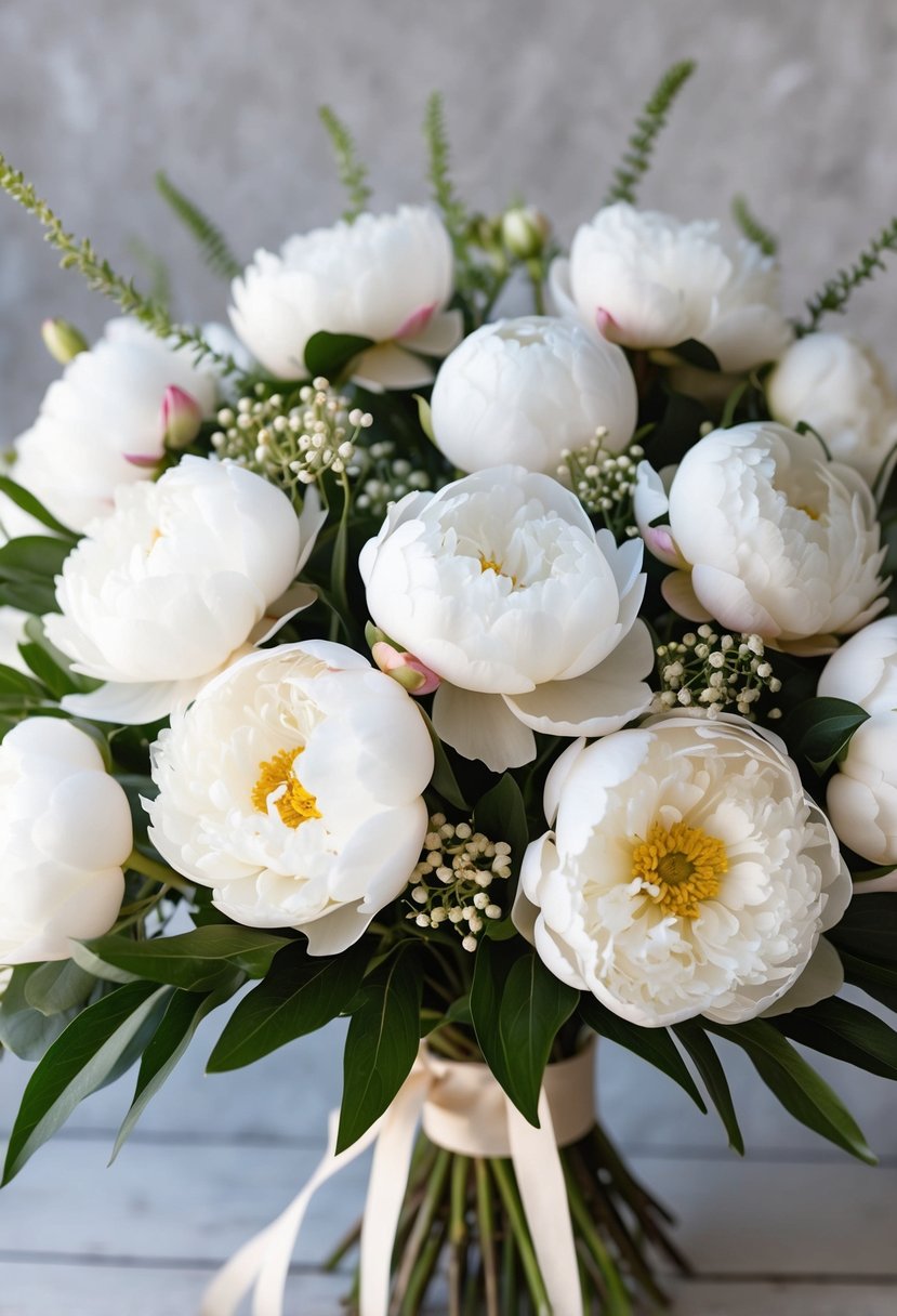 A vintage-inspired bouquet of white peonies arranged in a classic 1950s style, with delicate greenery and ribbon accents