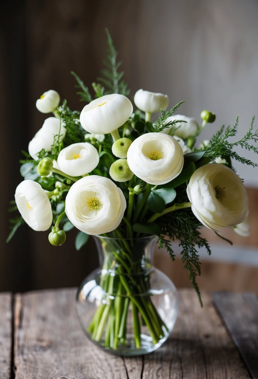 A delicate bouquet of white ranunculus, accented with greenery, sits in a clear glass vase on a rustic wooden table