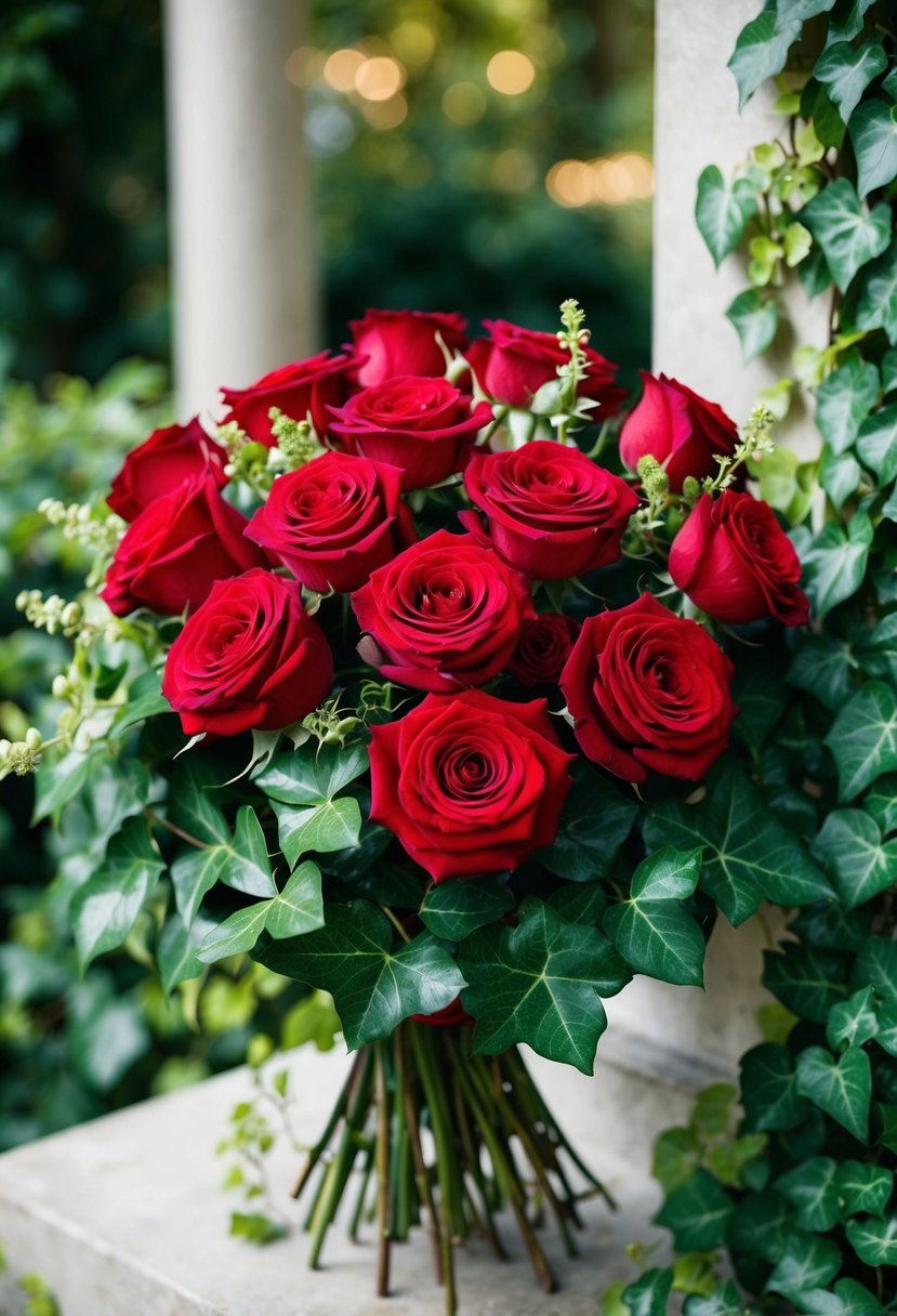 A lush bouquet of red roses and ivy, reminiscent of 1950s romance