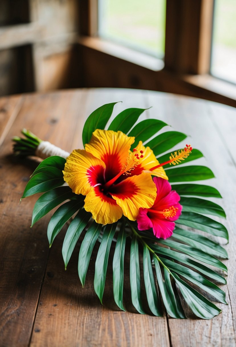 A vibrant hibiscus and palm leaf wedding bouquet rests on a rustic wooden table, surrounded by soft natural lighting