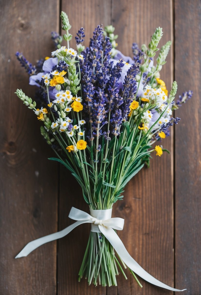 A rustic bunch of wildflowers and lavender tied with ribbon