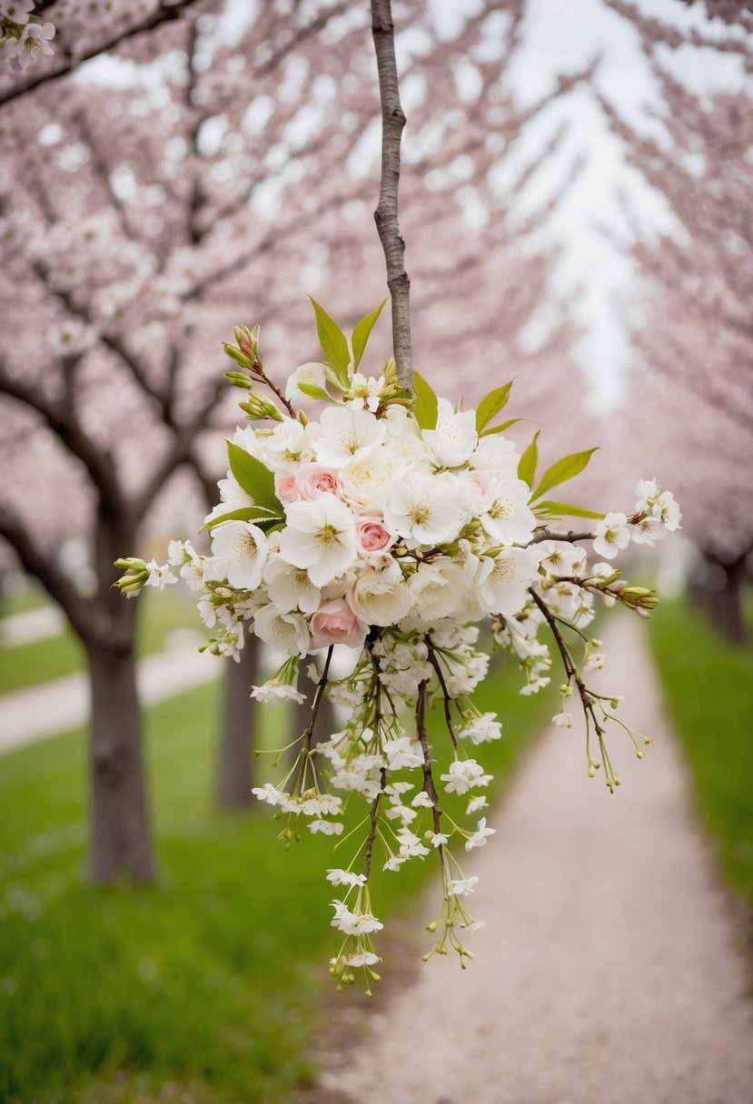 A parade of cherry blossom branches, interspersed with delicate white flowers, is arranged in a natural and charming wedding bouquet