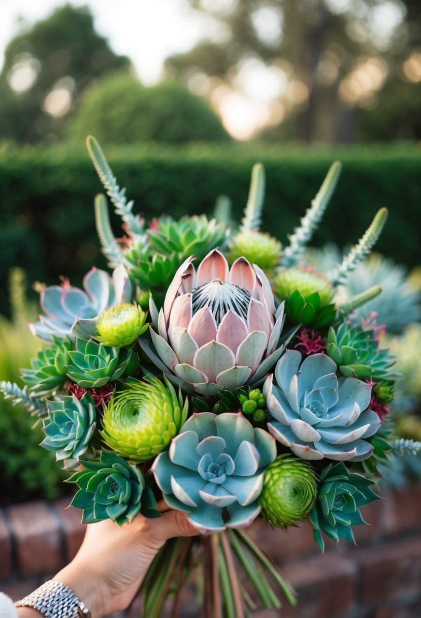 A lush bouquet of protea and succulents in a vintage 50s style