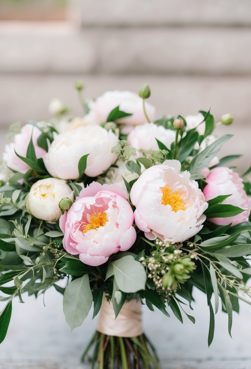 A lush peony bloom wedding bouquet with soft, pastel colors and delicate greenery