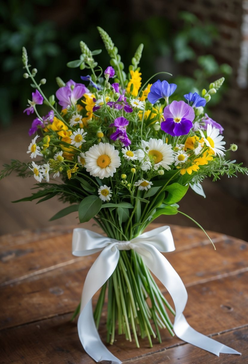 A vibrant bouquet of sweet peas, daisies, and wildflowers, tied with a satin ribbon, sits on a rustic wooden table