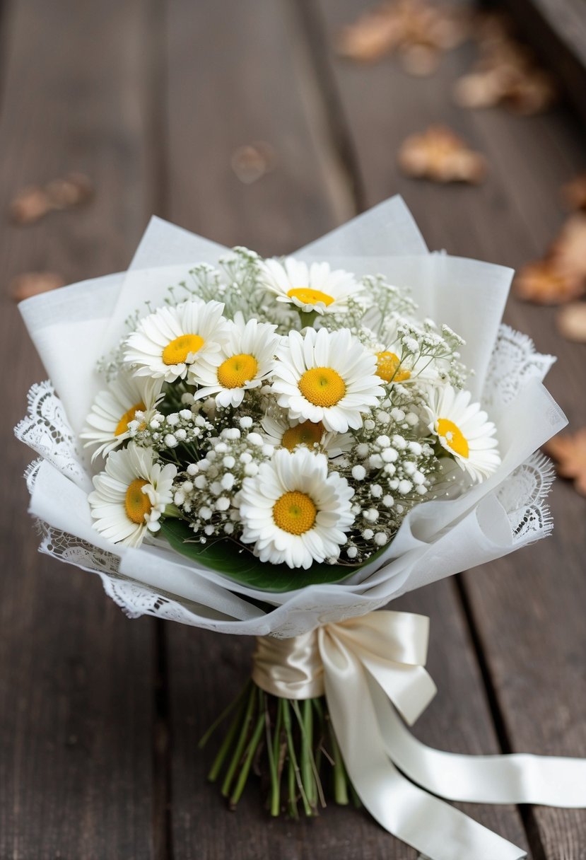 A vintage-inspired wedding bouquet with delicate daisies and baby's breath, wrapped in lace and tied with a satin ribbon