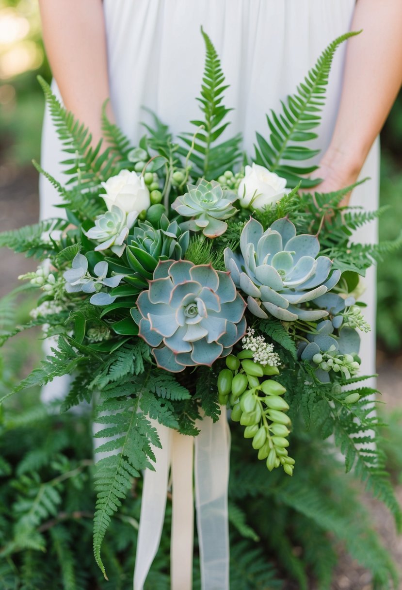 A lush green wedding bouquet with ferns, eucalyptus, and succulents, accented with white flowers and trailing ribbons