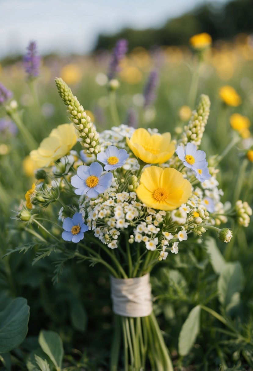 A delicate blend of cornflower and primrose blooms in a natural wedding bouquet