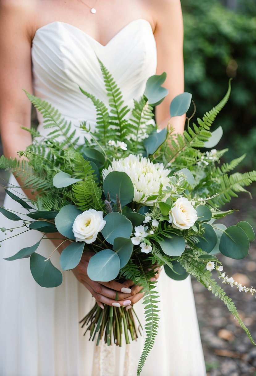 A lush bouquet of eucalyptus and ferns, intertwined with delicate white flowers, creating a natural and elegant green wedding bouquet