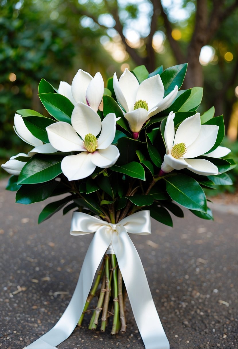 A lush bouquet of magnolias and bay leaves, tied with a satin ribbon