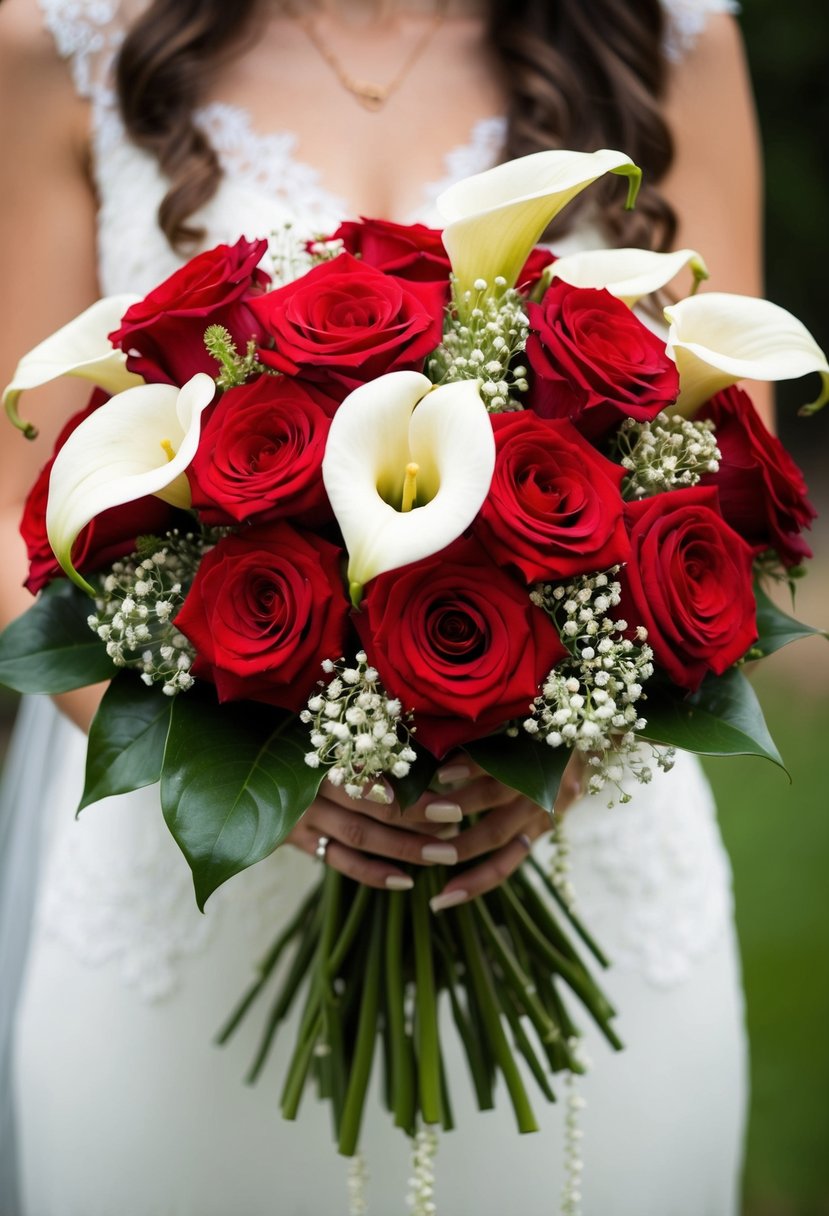 A vintage wedding bouquet with red roses and white calla lilies