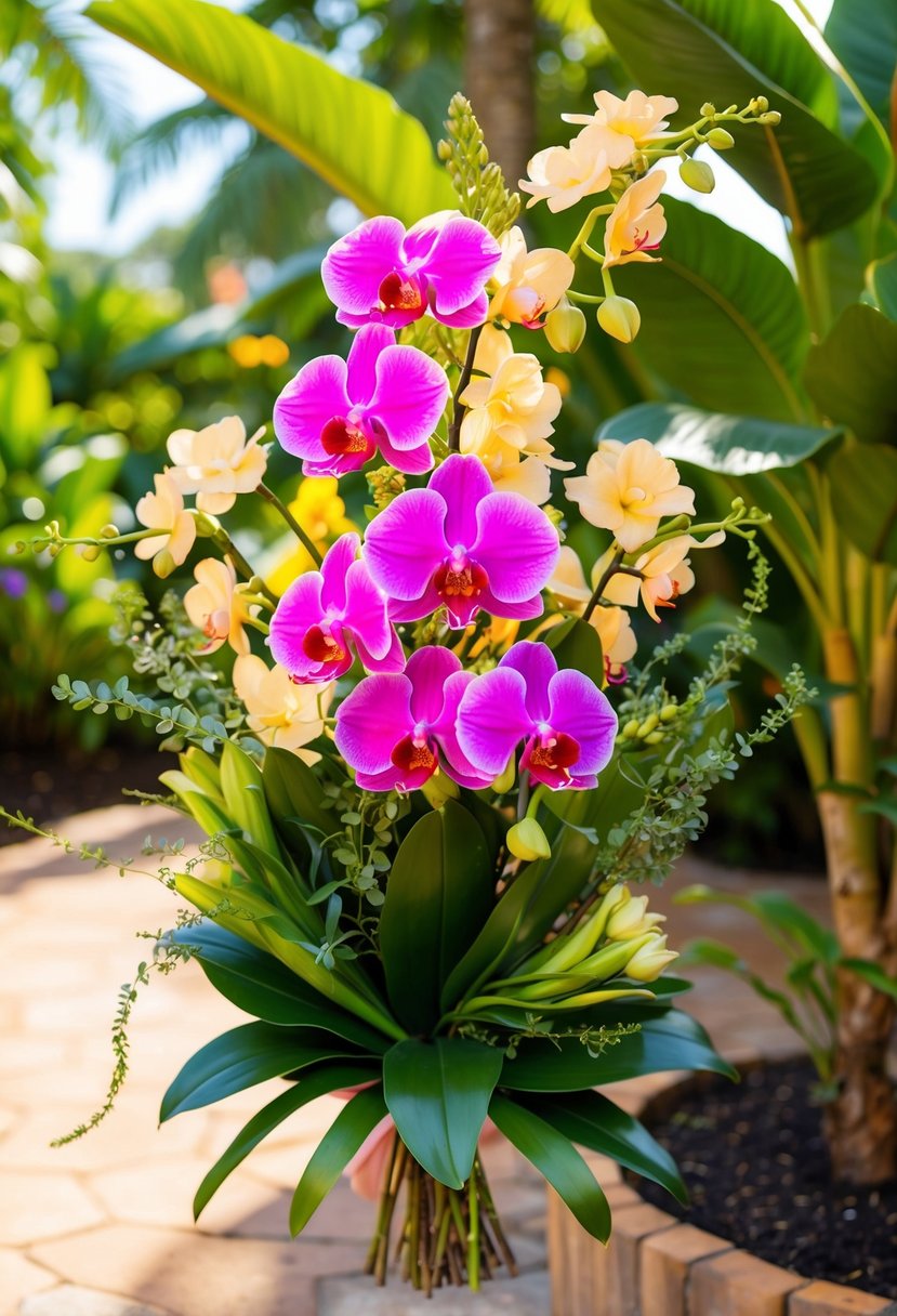 A lush bouquet of vibrant orchids and hibiscus, intertwined with delicate greenery, basking in the warm sunlight of a tropical garden