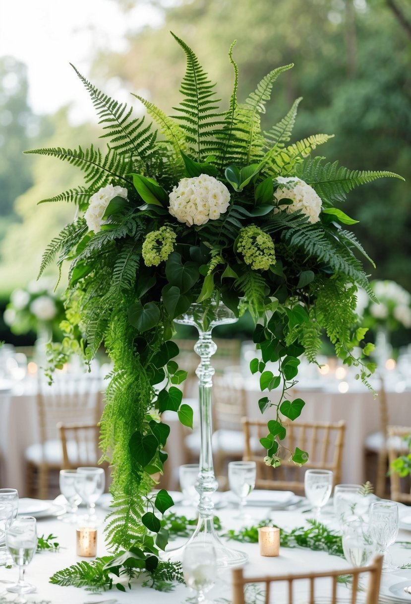 A lush bouquet of ferns and ivy cascading from a delicate holder, creating a stunning green wedding centerpiece