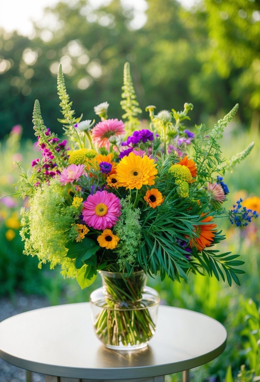 A lush bouquet of vibrant mixed wildflowers in a 1950s style, with pops of bright colors and delicate greenery