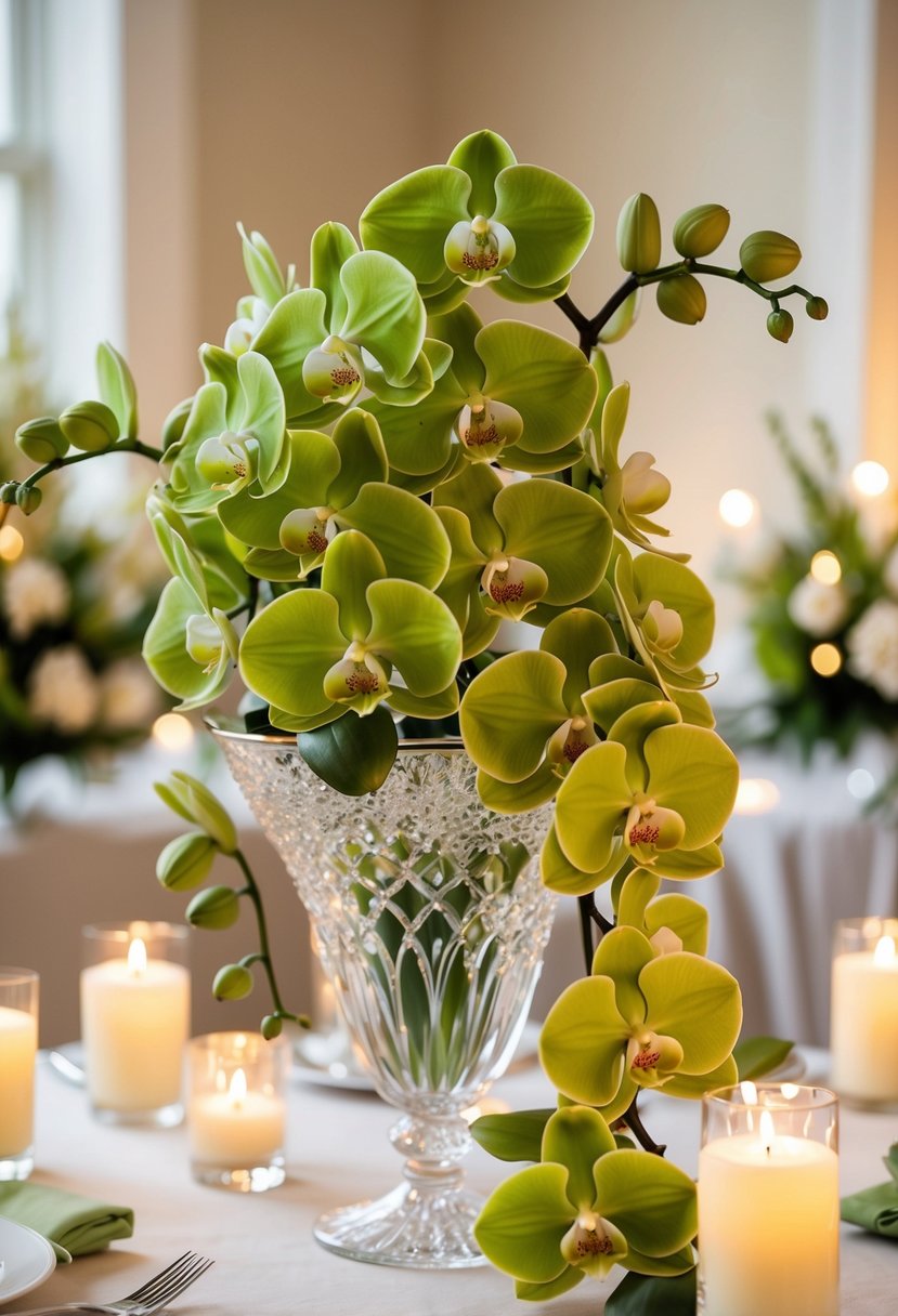 A lush bouquet of emerald green orchids cascading from a delicate crystal vase, surrounded by soft candlelight