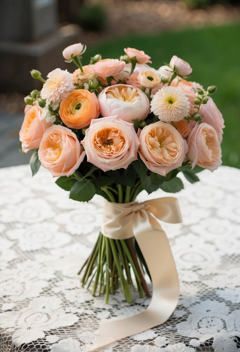 A vintage-inspired bouquet of peach garden roses and ranunculus, tied with a satin ribbon, sits on a lace-covered table