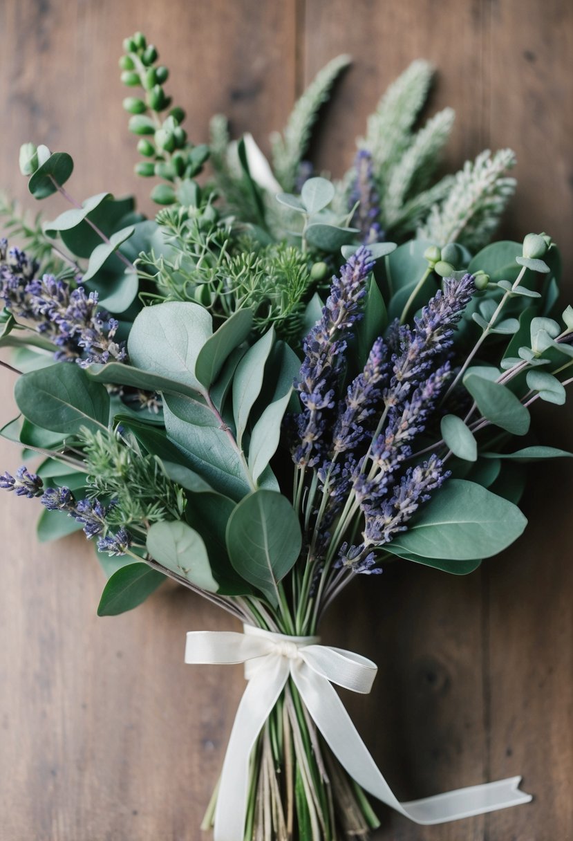 A lush bouquet of eucalyptus, sage, and lavender tied with a delicate ribbon