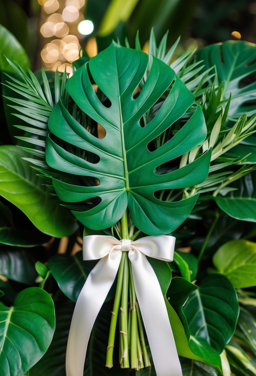 A lush bouquet of vibrant green monstera leaves, accented with tropical foliage and tied with a satin ribbon