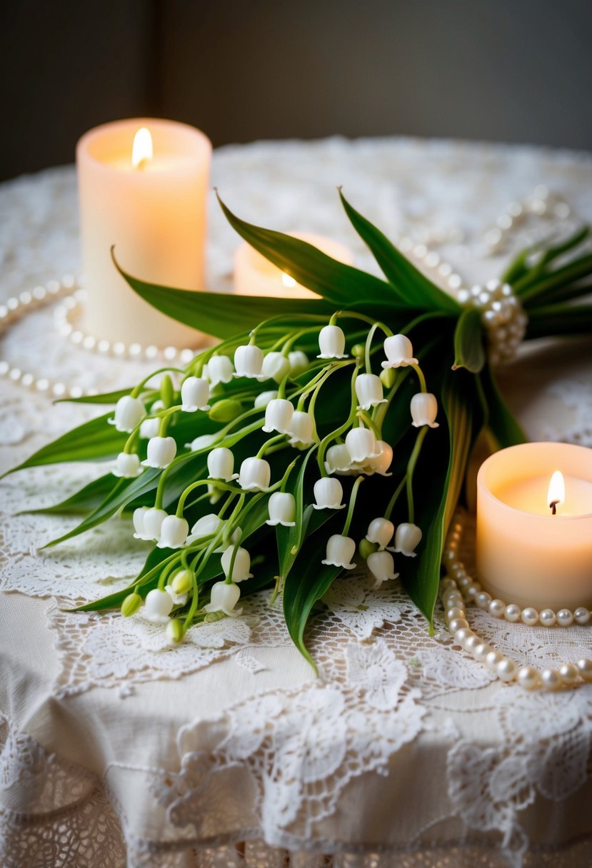 A delicate Lily of the Valley bouquet rests on a vintage lace tablecloth, surrounded by soft candlelight and pearls