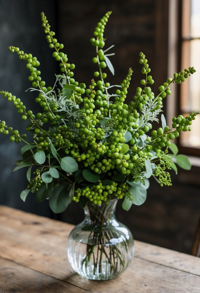 A lush bouquet of green hypericum berries, accented with delicate foliage, sits in a glass vase on a rustic wooden table