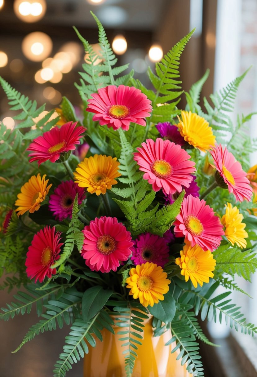 A vibrant bouquet of bright Gerbera daisies and delicate ferns arranged in a 50s vintage style