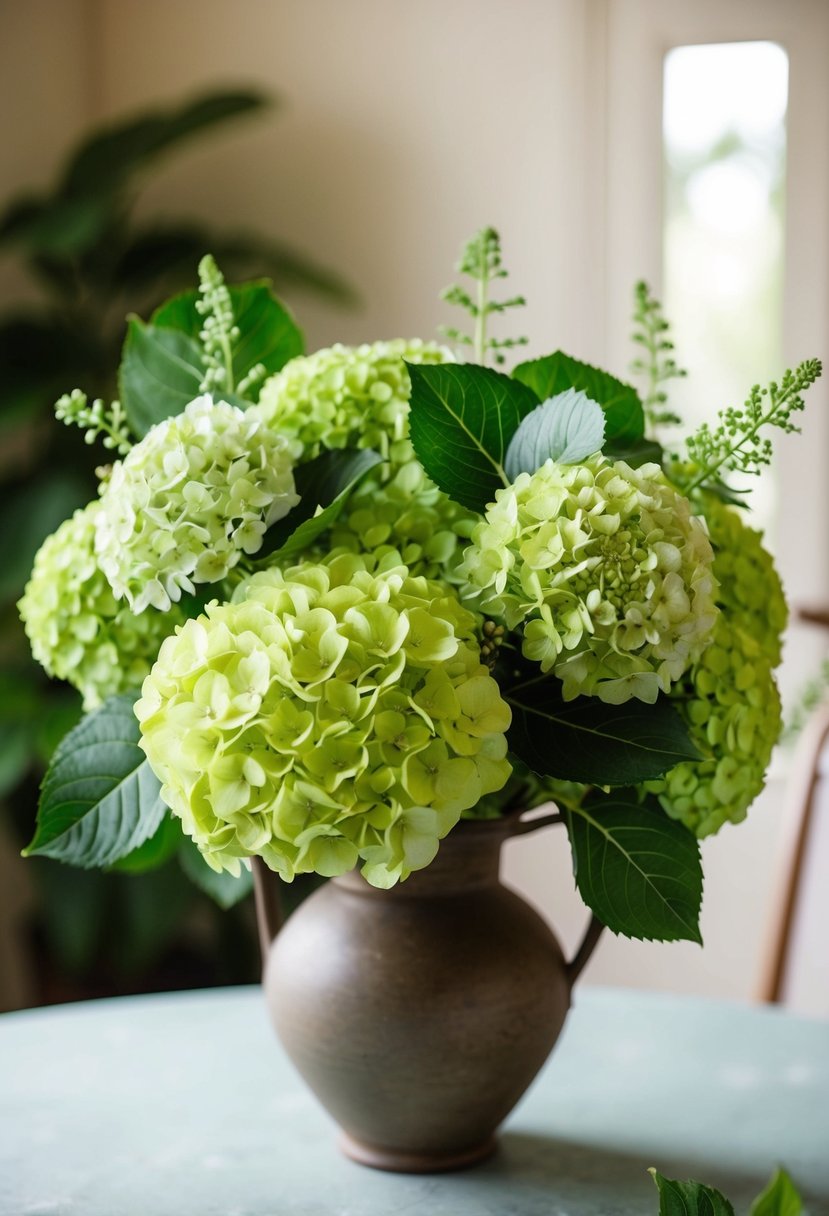 A lush green hydrangea bouquet with delicate blooms and foliage, arranged in a rustic vase