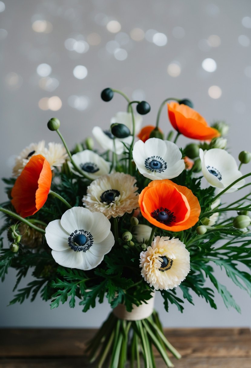 A vintage-inspired bouquet with anemones and poppies in a chic 50s color palette