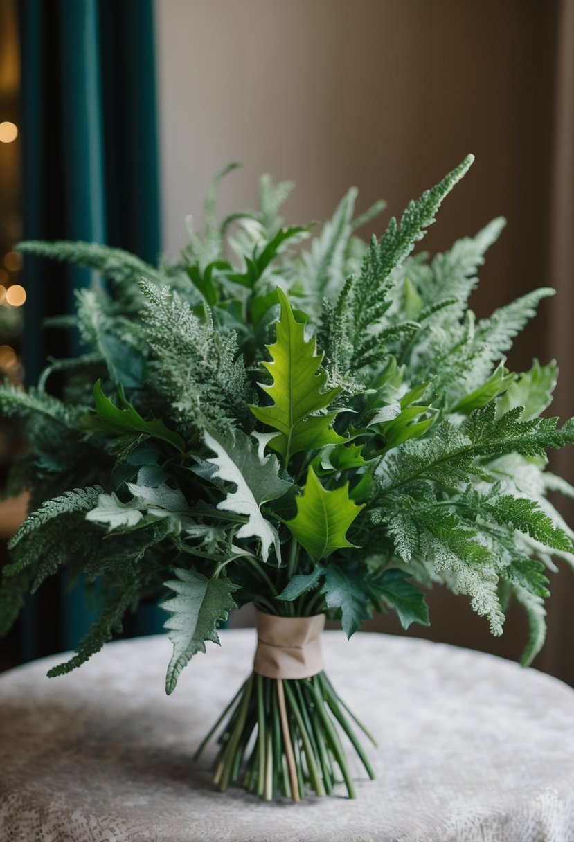 A lush bouquet of green Dusty Miller leaves and velvet accents