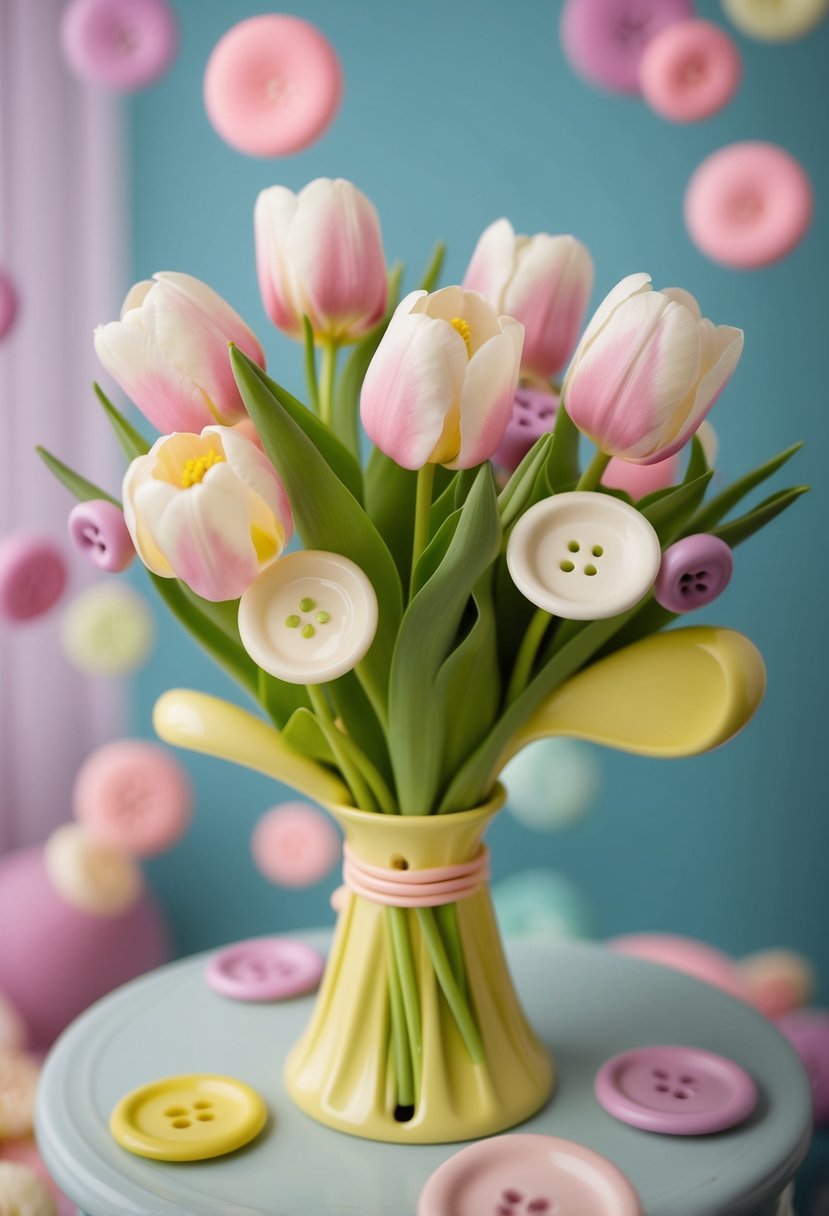 A whimsical bouquet of tulips and billy buttons in a vintage 50s style, with soft pastel colors and playful, organic shapes