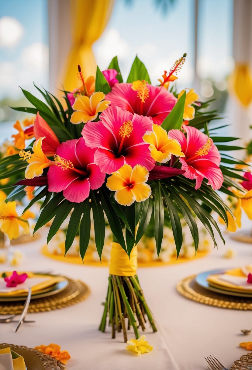 A vibrant bouquet of tropical hibiscus and leis arranged in a 1950s-inspired wedding setting