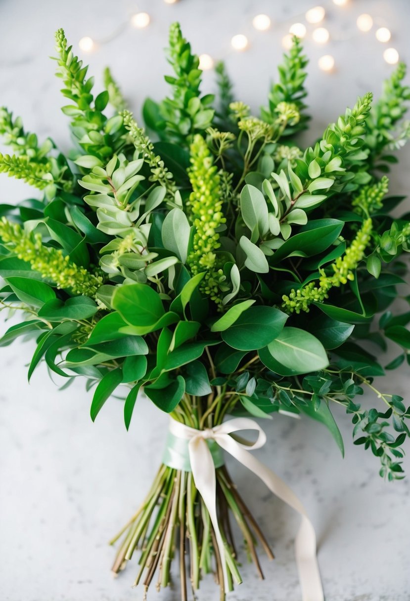 A vibrant, full bouquet of lush green ruscus leaves, tied with a delicate ribbon