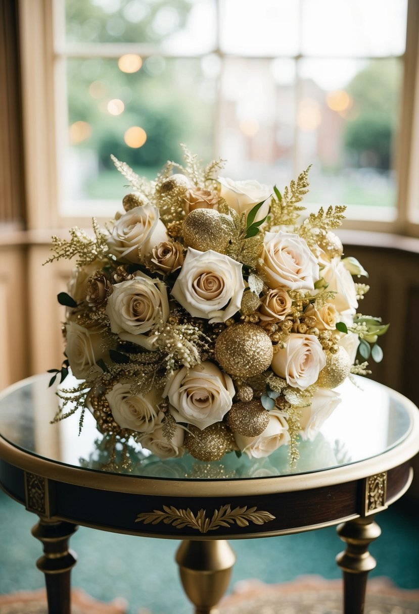 A shimmering gold wedding bouquet, filled with delicate roses and glittering foliage, sits on a vintage table