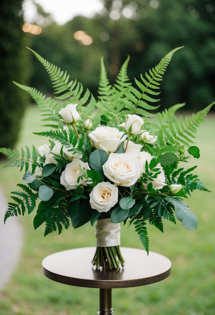 A lush green wedding bouquet featuring elegant ferns and delicate white roses