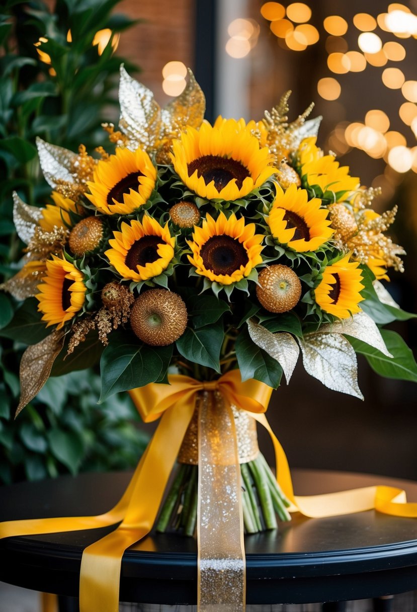 A lush bouquet of vibrant sunflowers accented with shimmering gold foliage and ribbons