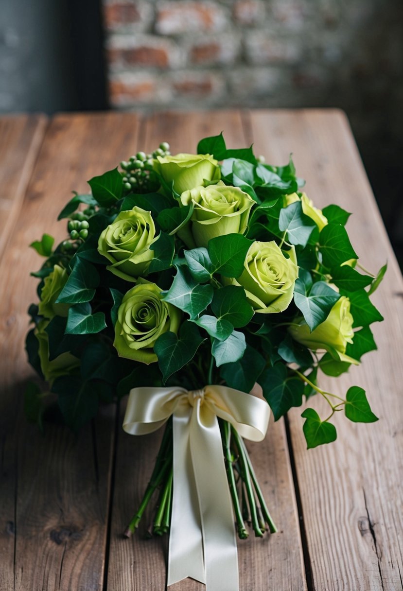 A lush bouquet of ivy and green roses, tied with a satin ribbon, resting on a rustic wooden table