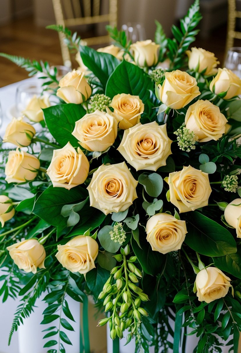 A lush bouquet of golden roses and vibrant green foliage, arranged in a cascading style for a luxurious wedding centerpiece