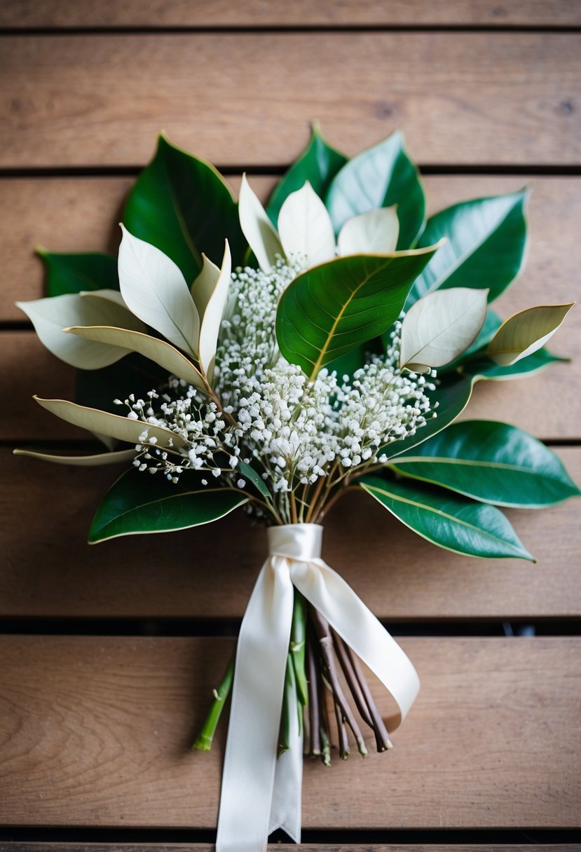 A lush bouquet of magnolia leaves and delicate baby's breath, tied with a satin ribbon