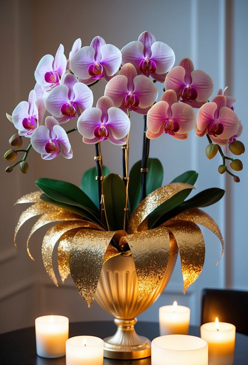 A luxurious bouquet of orchids dipped in shimmering gold, arranged in an elegant vase amidst soft candlelight