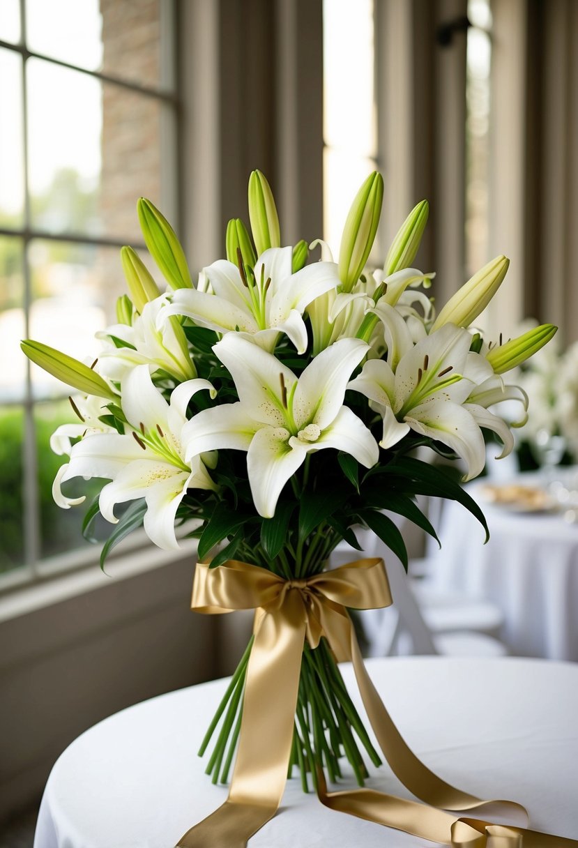 A lush bouquet of white lilies tied with flowing gold ribbons