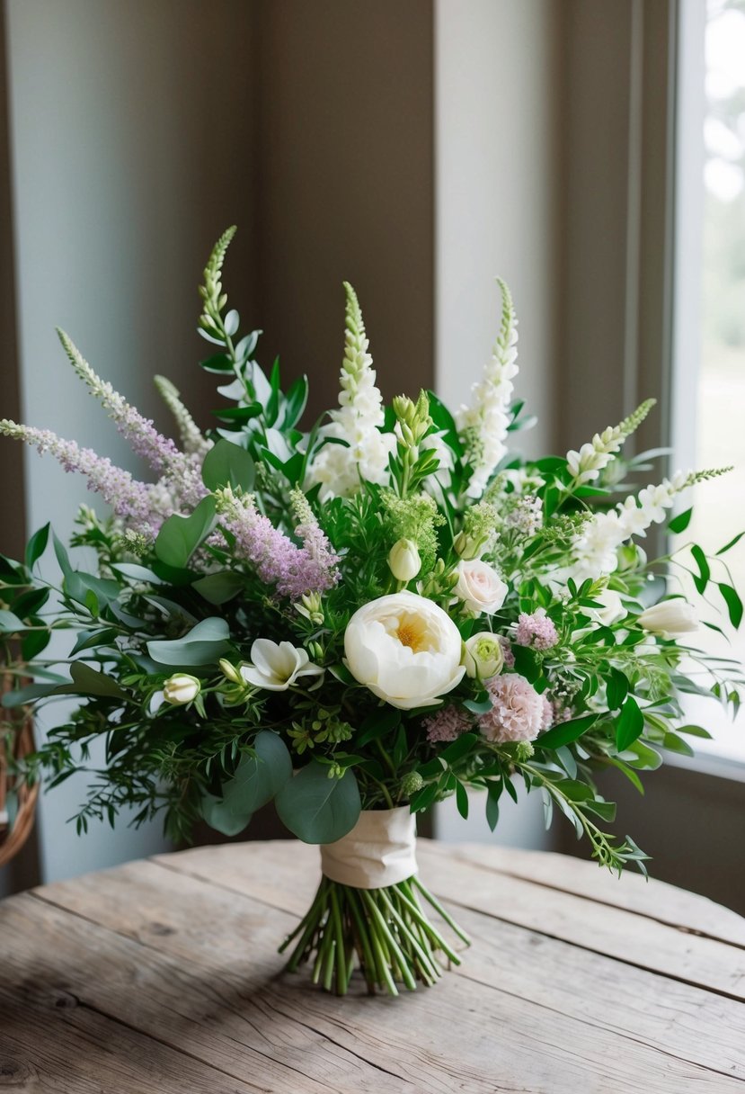 A lush bouquet of greenery and white flowers, accented with delicate touches of pale pink and lavender, sits on a rustic wooden table