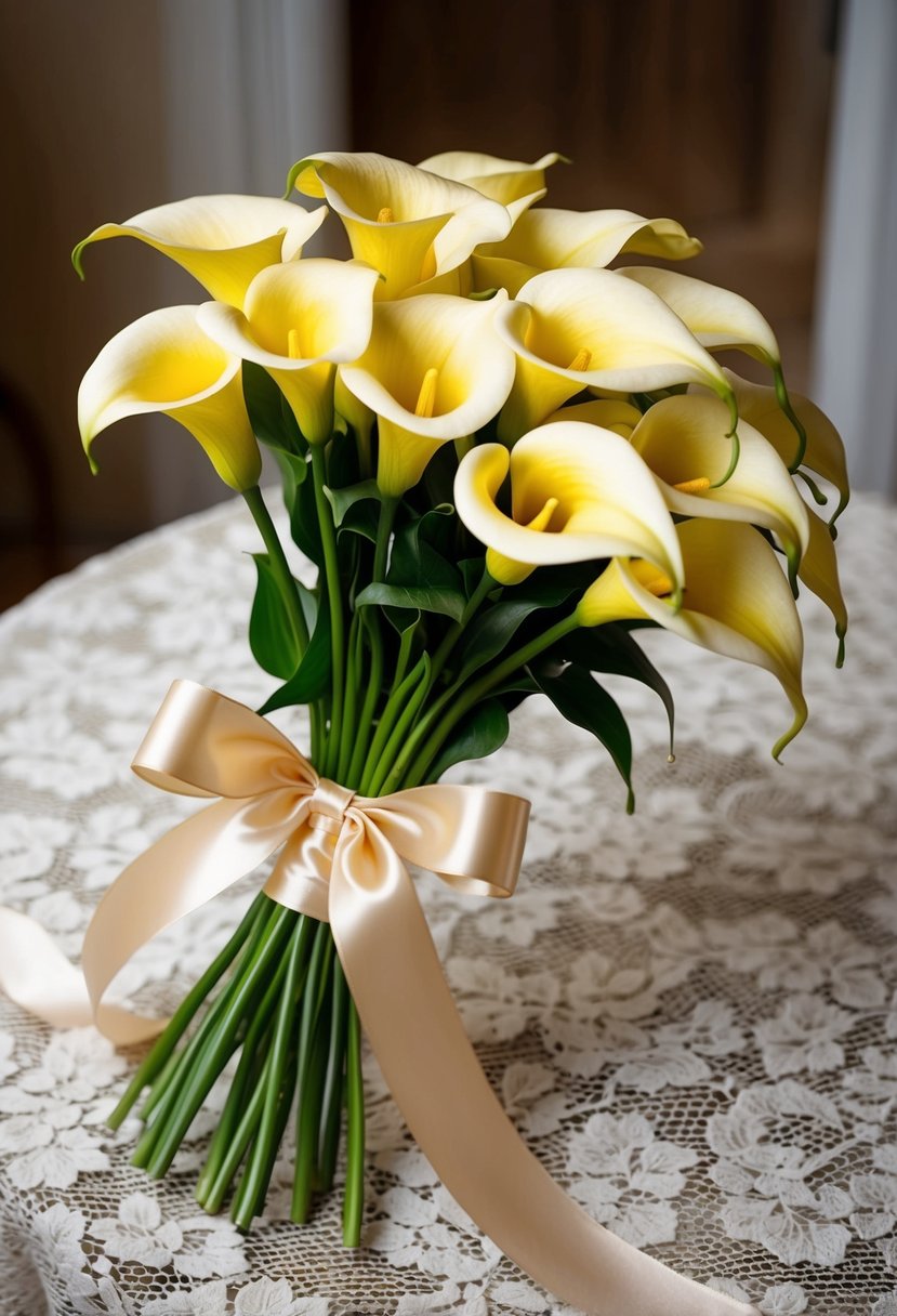 A shimmering bouquet of golden calla lilies, tied with satin ribbon, rests on a vintage lace tablecloth