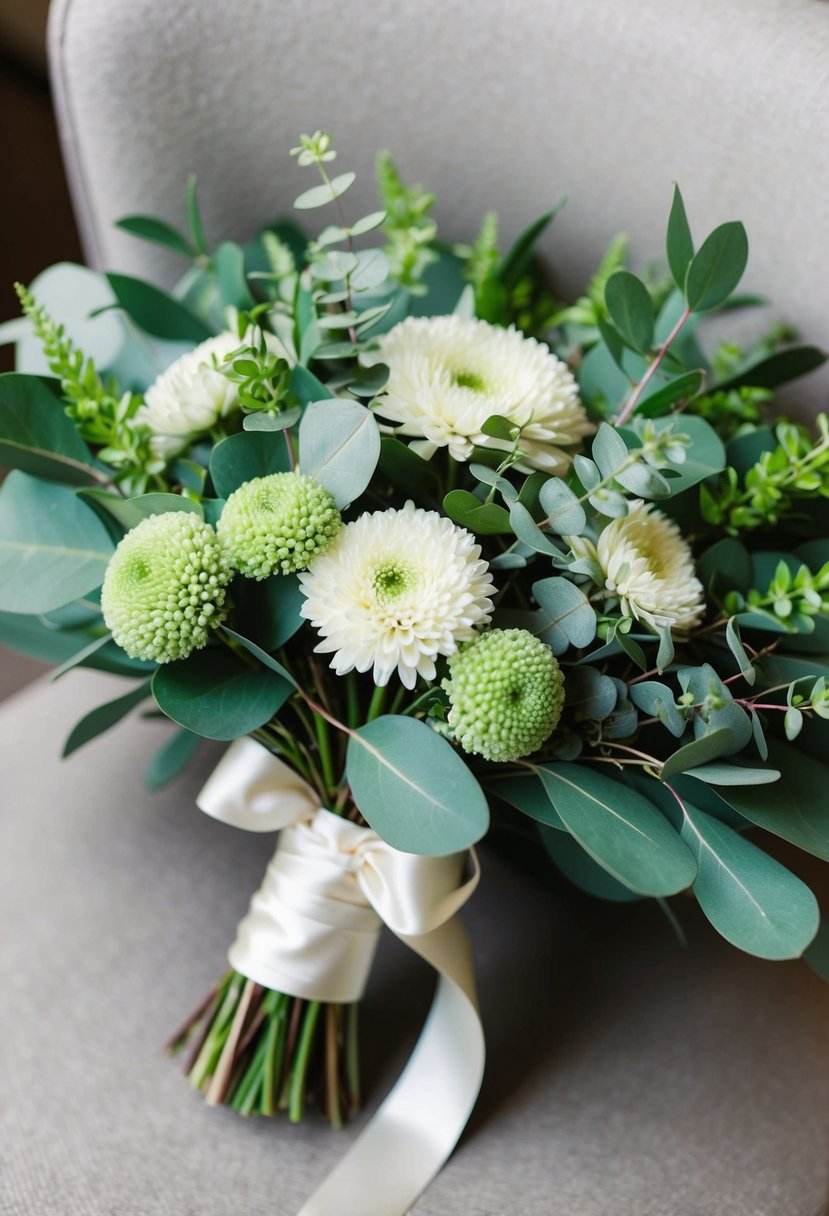 A lush wedding bouquet featuring button mums and eucalyptus leaves in shades of green, tied with a satin ribbon