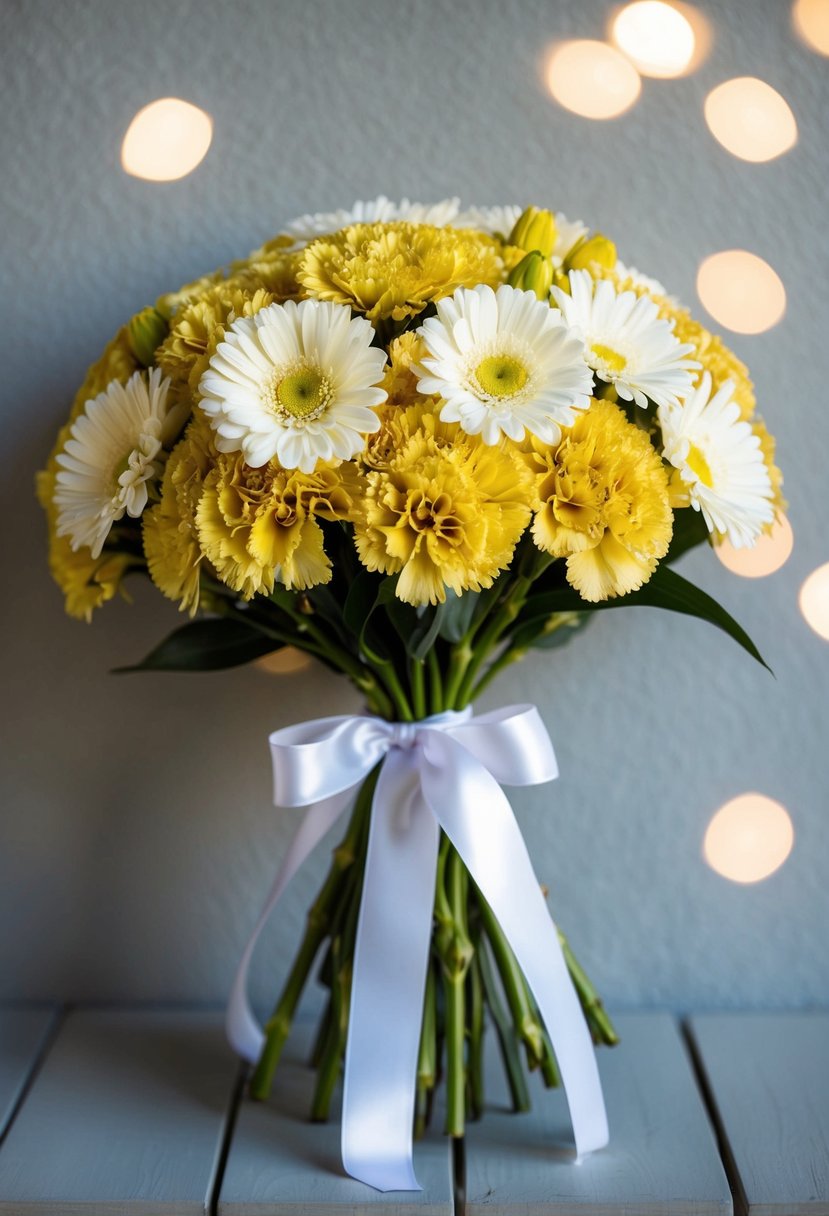 A golden bouquet with carnations and daisies, tied with a white ribbon