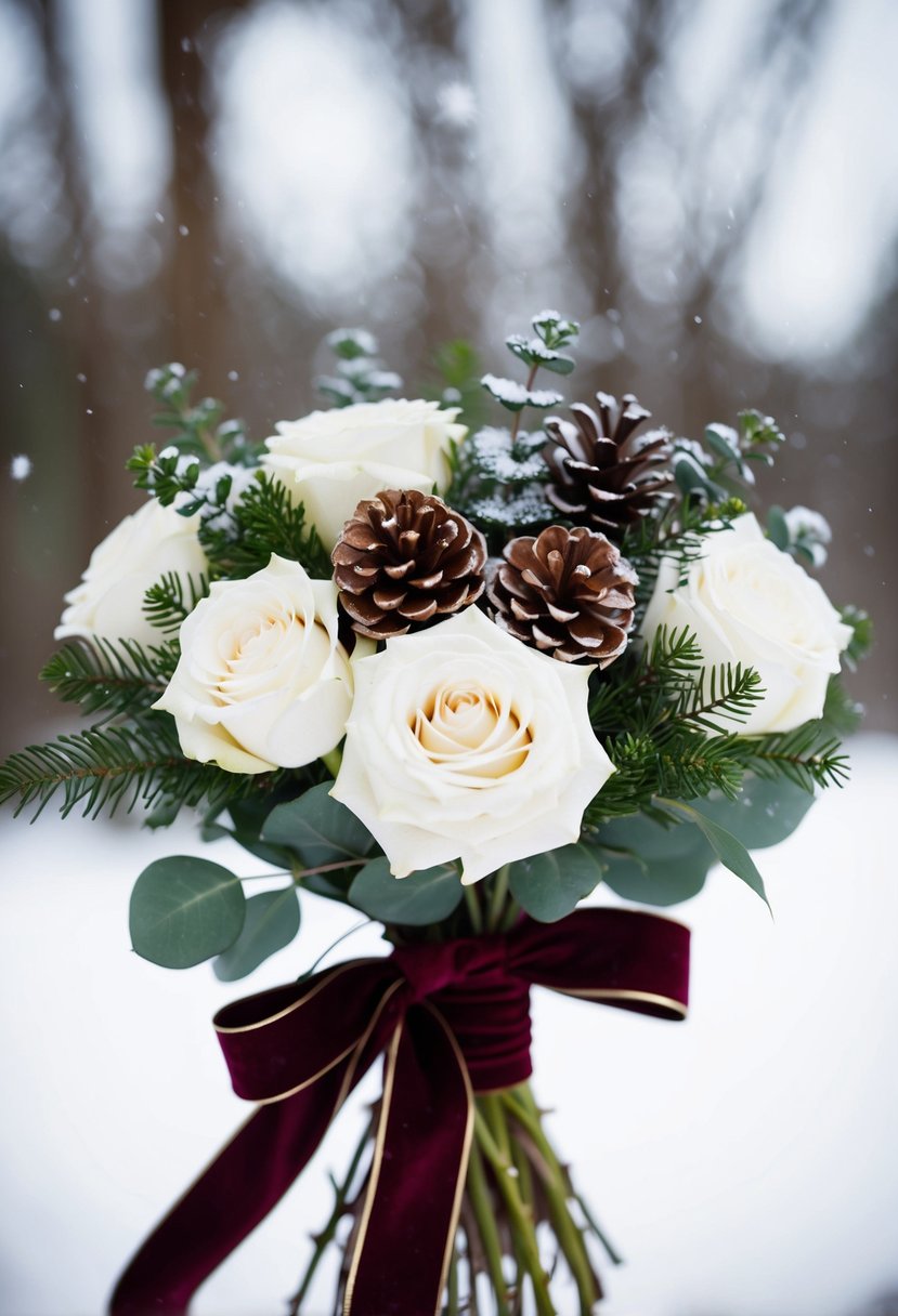 A bouquet of white roses, pinecones, and eucalyptus tied with a velvet ribbon, set against a snowy backdrop