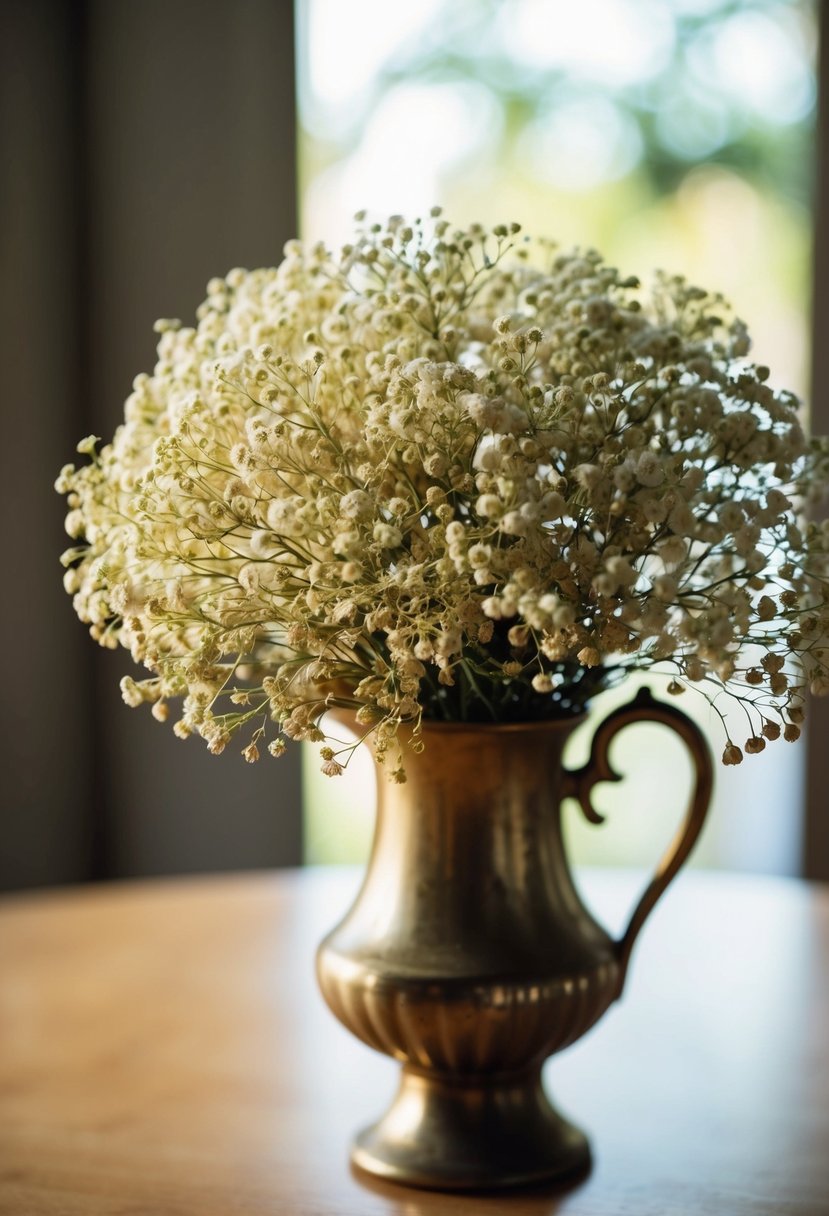 A delicate bouquet of gold-tinted baby's breath, nestled in a vintage-inspired vase, with soft natural lighting casting a warm glow