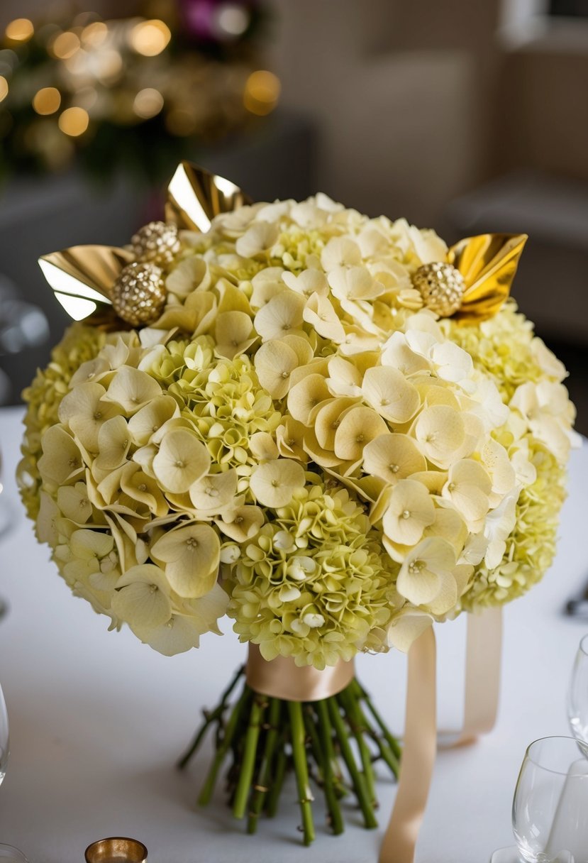 A golden hydrangea bouquet arranged with metallic gold accents and ribbon