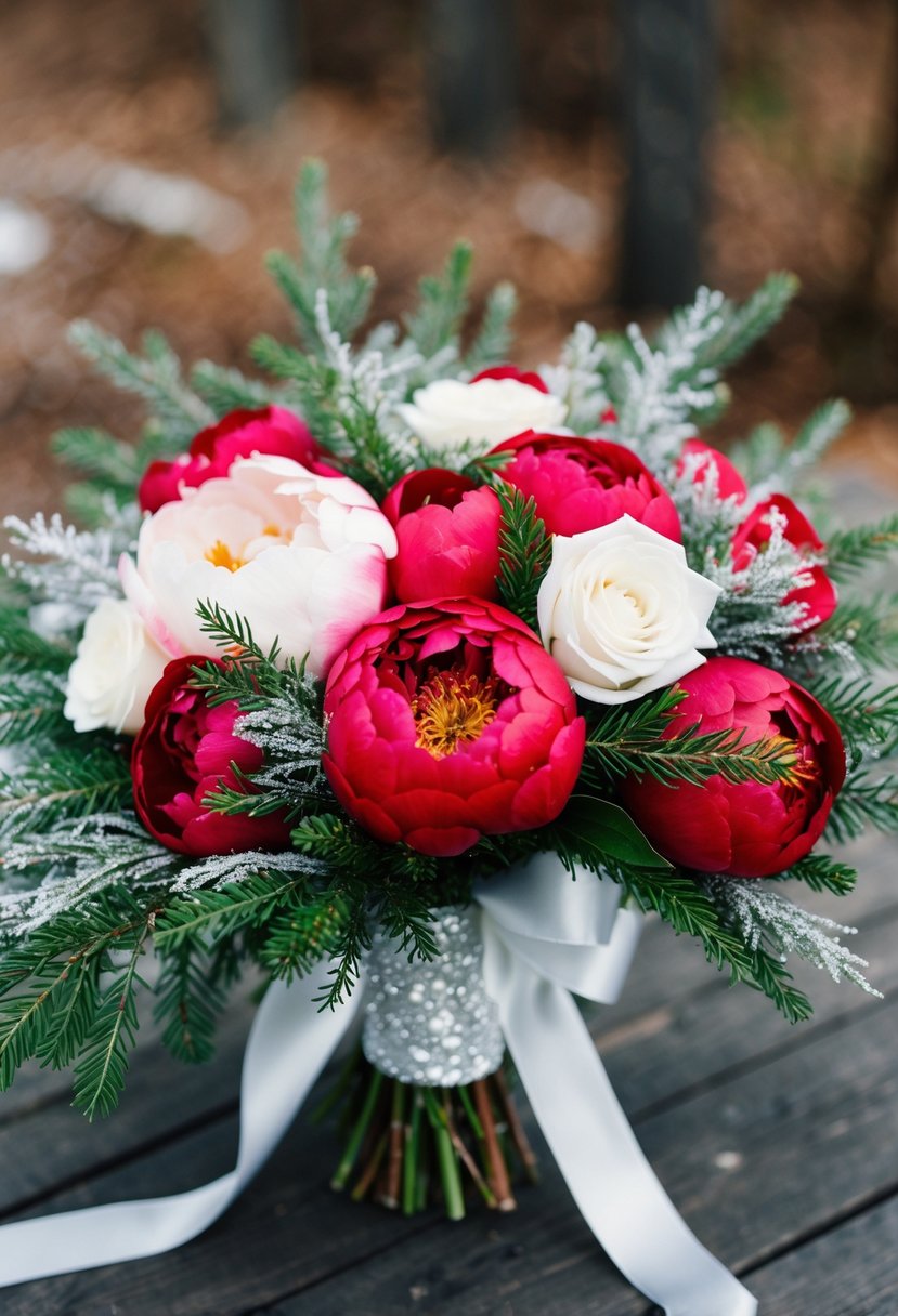 A winter wedding bouquet featuring red peonies and quicksand roses, surrounded by delicate sprigs of evergreen and accented with shimmering silver ribbon