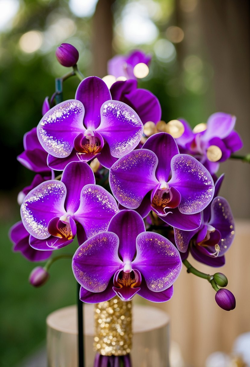 Purple orchids adorned with gold glitter, arranged in a wedding bouquet