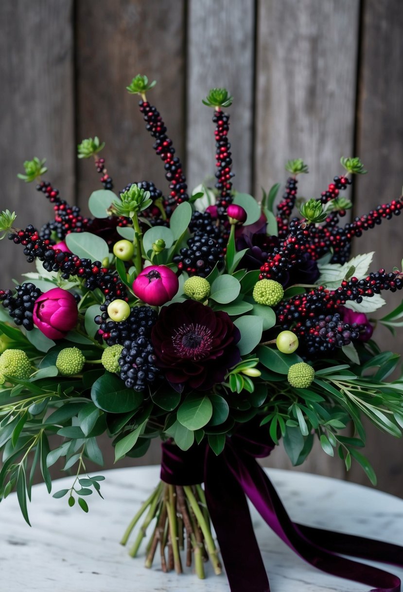 A lush bouquet of privet berries and dark plum ranunculus, accented with winter foliage and tied with velvet ribbon